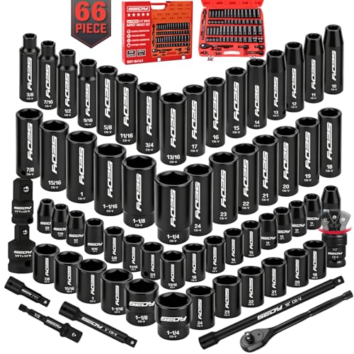 66-Piece 1/2" Drive Impact Socket Set, SAE 3/8" to 1-1/4" and Metric 10-24mm, Deep & Standard 6-Point Cr-V Sockets with Ratchet, Extension Bars, Adapters, Universal Joint, Drill Adapter, Storage Case
