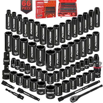 66-Piece 1/2" Drive Impact Socket Set, SAE 3/8" to 1-1/4" and Metric 10-24mm, Deep & Standard 6-Point Cr-V Sockets with Ratchet, Extension Bars, Adapters, Universal Joint, Drill Adapter, Storage Case