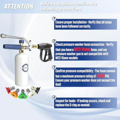 Foam Cannon Dual Connector for Pressure Washer | Double Tip Attachment for Soap Cannon, Pressure Washer Gun and 7 Power Washer Sprayer Nozzles Tips for Car Wash Kit