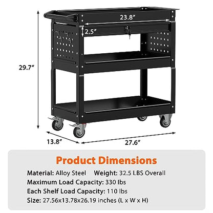 3-Tier Heavy Duty Utility Cart on Wheels, Rolling Tool Cart on Wheels with a Drawer, 350 Lbs Load Capacity Service Cart for Warehous, Garage and Repair Shop (Black) - color: Black