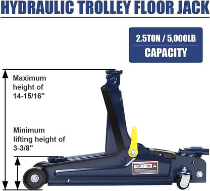 2.5 Ton (5,000 lbs) Low Profile Heavy Duty Steel Hydraulic Floor Jack with Single Piston Pump, Lifting Range 3-3/8" to 14-15/16", for Car, Light Truck and SUVs, Blue - color: blue