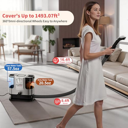 Upholstery Carpet Cleaner, MUJERBAY UltraHeat 12Kpa Portable Spot & Stain, Move with Universal Wheels & Handle, 1.18-inch Deep Cleaning Machine for Couch, Stairs, Car & Pet Messes.