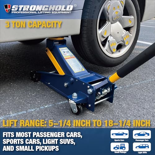 STRONGHOLD 3 Ton Hydraulic Dual Pump Garage Jack (6000 LBS) – Heavy-Duty Steel Floor Jack, Quick Start Lift, 5-1/4” to 18-1/4” Range, 360° Swivel Saddle