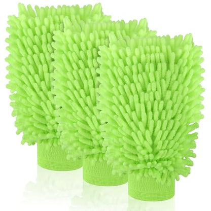 3 Pack Chenille Microfiber Car Wash Mitt, 7" x 9.6", Green | Car Washing Mitts, Home Dusting Gloves, Scratch Free Lint-Free, Highly Absorbent, Double Sided, for Cleaning Detailing Polish - color: Green
