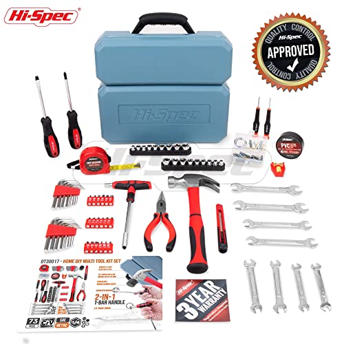 Hi-Spec 73pc Home and Garage Tool Kit Set. Essential Household and Auto Repair Tools. Includes Pliers, Sockets, Wrenches and a Hex Key Set in a Toolbox Carry Case - size: SAE and Metric_73 PCS