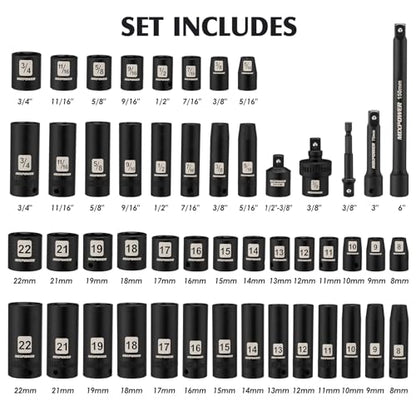 MIXPOWER 3/8" Drive Deep Impact Socket Set, 6 Point, 49 Piece Standard SAE and Metric Sizes-5/16-Inch to 3/4-Inch and 8-22 mm, 3/8'' impact universal joint, Cr-V Steel Mechanic Socket Set - size: 3/8" With Accessories