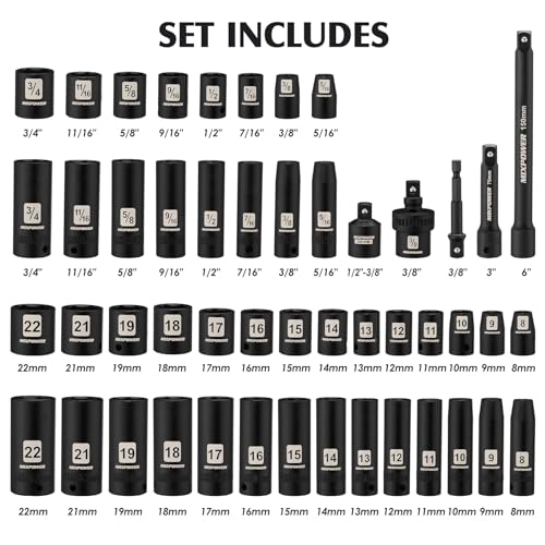 MIXPOWER 3/8" Drive Deep Impact Socket Set, 6 Point, 49 Piece Standard SAE and Metric Sizes-5/16-Inch to 3/4-Inch and 8-22 mm, 3/8'' impact universal joint, Cr-V Steel Mechanic Socket Set - size: 3/8" With Accessories
