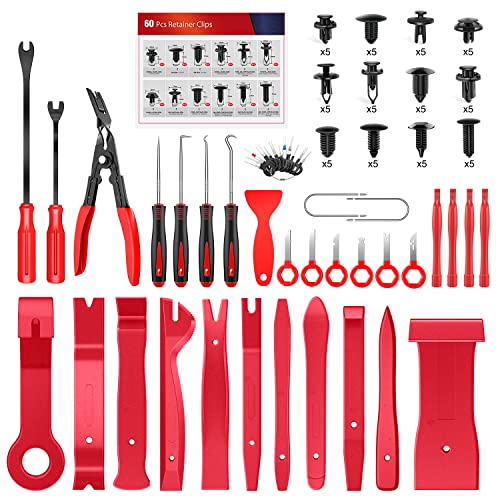 Nilight Trim Removal Tool 102 Pcs, Auto Push Pin Bumper Retainer Clip Set Fastener Terminal Remover Tool Round Handle Crowbar Kit Car Panel Radio Removal Auto Clip Pliers - color: 102 Clips+ Remover Tools Red
