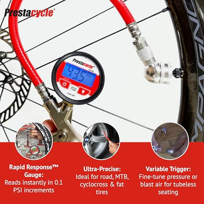 Prestaflator Bike Tire Inflator, Presta & Schrader Valve Air Compressor Tool – Works with Tubeless & Standard Tires – Bike & Car Air Compressor Tire Inflator for MTB & Road Bikes