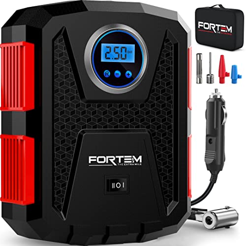 FORTEM Tire Inflator Portable Air Compressor, Air Pump for Car Tires and Bikes, Car Tire Pump w/Auto Shut Off, 150 PSI, 12V DC, LED Light, Carrying Case, for Men, Women - color: Red, size: Medium