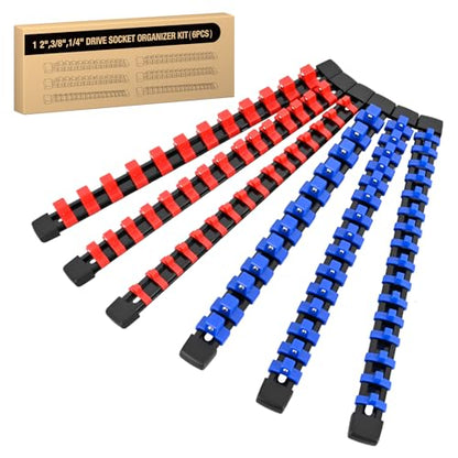 GOOACC Socket Organizer ABS Socket Holder Set 1/4" 3/8" 1/2" Drive Socket Rail Holders Stores up 86 Clips Impact Sockets Organizers Rails for Tool Box Drawer, 6 Piece Blue Red - size: Clip Rail 6PC 1/4"3/8"1/2" Blue Red