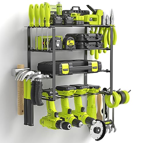 SUNALLY Power Tool Organizer, 4 Drill Holder Wall Mount, Garage Tool Organizer and Storage with Screwdriver Holder, Garage Organization, 4 Layer Cordless Drill Holder with Hammer Holder - style: 4 Drill Holders G