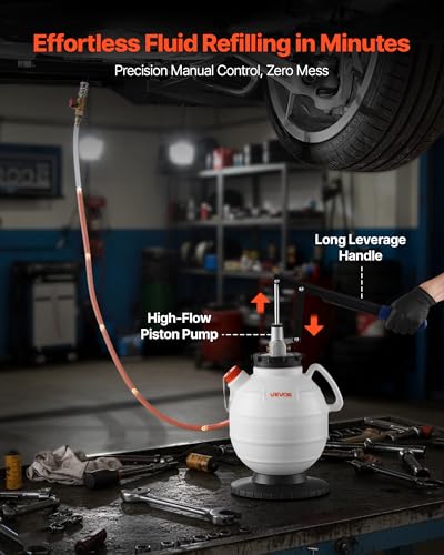 VEVOR Transmission Fluid Pump, 7.5 L Capacity, Manual Fluid Transfer Pump with 8 ATF Adapters & 47 in Outlet Horse, ATF Refill Kit, Oil Extractor Dispenser with HDPE Tank for Cars, Lawn Mowers