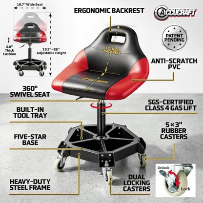 Rolling Shop Stool with Wheels, Garage Mechanic Stool with Backrest, Metal Heavy Duty Roller Mechanic Chair with Tool Tray, 5-Wheel Anti-tip Design,19.5"-26" Adjustable Height, 330 LBS Capacity