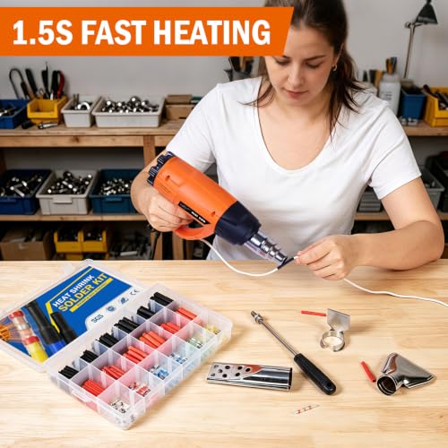 460PCS Waterproof Solder Seal Wire Connectors & 3:1 Heat Shrink Tubing with 1800W Heat Gun Kit 122℉~1202℉ Variable Temp 1.5S Fast Heating Overheat Protection for Auto Marine & Wiring Repair 10-26 AWG - size: 460pcs