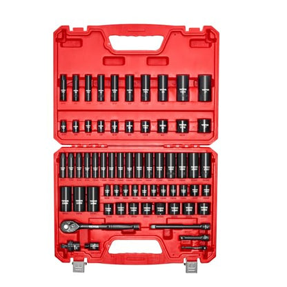 VEVOR Impact Socket Set 3/8" Drive, 64-Piece Standard SAE (5/16 to 1 inch) & Metric (6 to 24 mm) Size, Deep & Shallow, 6 Point, CR-V, Ratchet Handle, Extension Bars, Universal Joint, Adapters - style: 3/8" 64 PCS