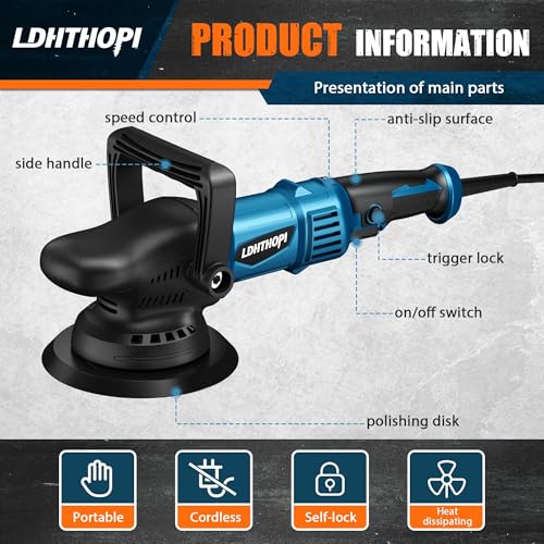LDHTHOPI Dual Action Polisher, 980W 5/6 Inch, 2026 Upgraded 9MM Random Orbital Buffer Polisher for Car Detailing, 2800-5800RMP, 6 Variable Speed Buffer Polisher with 8 Detachable Pads - size: 980W Dual Action Polisher-Upgraded