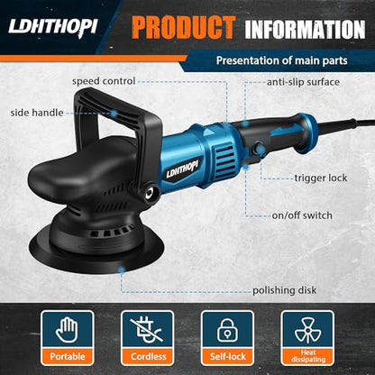 LDHTHOPI Dual Action Polisher, 980W 5/6 Inch, 2026 Upgraded 9MM Random Orbital Buffer Polisher for Car Detailing, 2800-5800RMP, 6 Variable Speed Buffer Polisher with 8 Detachable Pads - size: 980W Dual Action Polisher-Upgraded