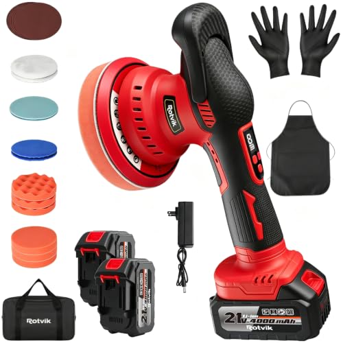 Cordless Car Buffer Polisher Kit, 2x4000mAh 21V Batteries, 6-Inch Orbital Car Polisher, 8 Variable Speeds, LED Display, 18-Piece Accessories for Waxing, Polishing & Scratch Removal (Red)