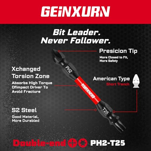 Geinxurn 10Pcs PH2-T25 Impact Double End Screwdriver Bit Set, 2.56 in. #2 Phillips /#25 Torx Power Driver Bits, Magnetic S2 Steel Two Sides Screwdriver Bits Set with Storage M-Box - style: 2.56"-PH2/T25-10PC