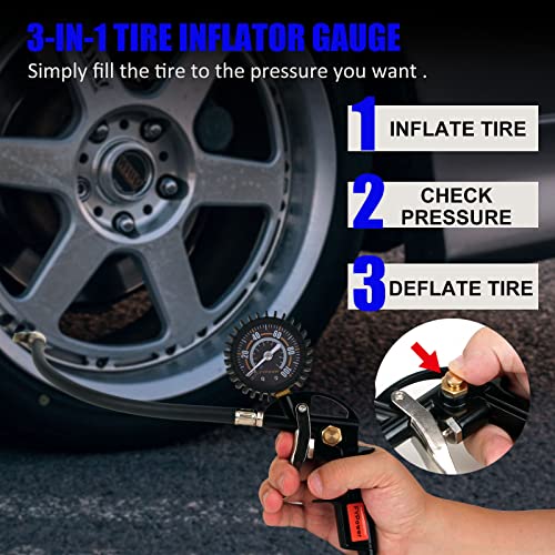 16 Pieces Heavy Duty Air Compressor Accessory Kit, 1/4 inch 25ft Recoil Poly Air Compressor Hose Kit, 100PSI Tire Inflator Gauge, Blow Gun and Nozzles, 1/4" NPT Air Coupler and Plug Kit