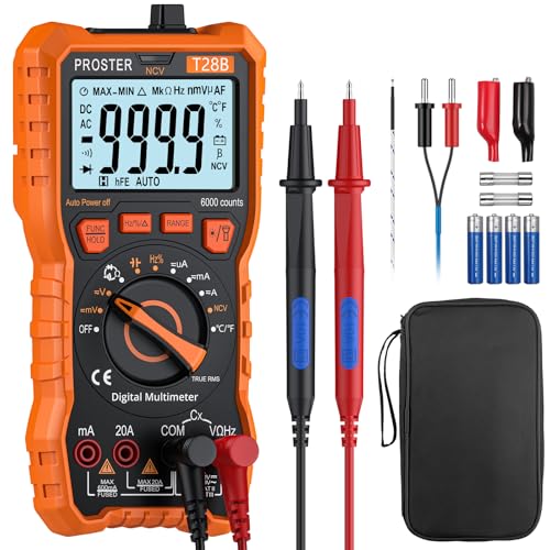 Proster TRMS Multimeter - 6000 Counts 20A NCV Magnetic with Temp | 20A AC/DC Current NCV detector Magnetic Back Hands-free Backlit LCD Flashlight with Temp Probe, Leads, Clips, Fuses, Bag - color: Orange, size: 6000Counts-Pro