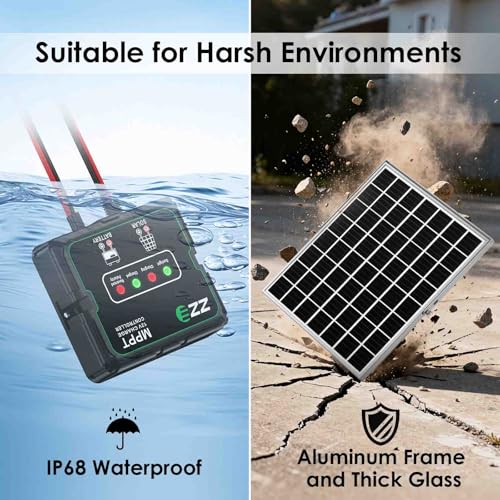 Solar Powered Battery Charger Trickle Maintainer, 20W 12V Solar Panel Kits MPPT Charge Controller with 8 Protections Function IP68 Waterproof for RV Trailer Marine Car Motorcycle (1, Black)