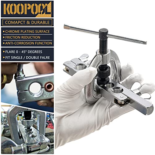 KOOPOOL Double & Single Flaring Tool Kit for Brake Line HVAC System with Tube Cutter Extra 7 Adapters,Brass Copper Pipe 45 Degrees Flaring Tool - size: 10PCS