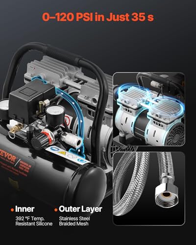 VEVOR Air Compressor, 1 Gallon Steel Tank, 1HP 1.5CFM @ 90PSI Oil Free Air Compressor & Max. 120PSI Pressure, 78dB Ultra Quiet Portable Compressor for Auto Repair, Tire Inflation, Spray Painting, 120V - size: 1 Gallon