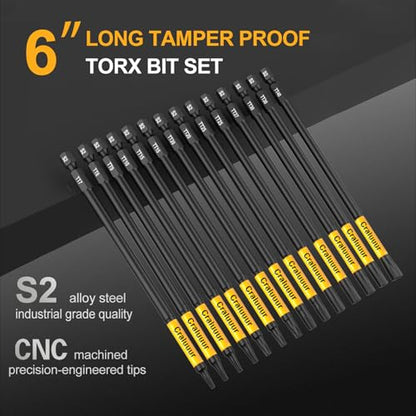 14PCS Impact Long Torx Bit Set, 6-Inch, T7–T40, Tamper Proof Star Bits Set, Magnetic Security Torx Bit Set with 1/4 Inch Hex Shank, S2 Steel, Ideal for Automotive, DIY, Electronics