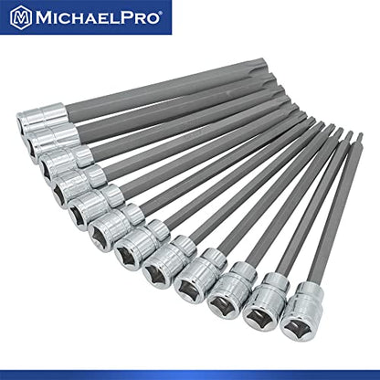 MichaelPro 12-Piece 3/8'' Drive Long Torx Bit Socket Set, T10 to T60, 6-Inch Length for Easy Reach in Deep Areas, High Torque Resistant CR-V and S2 Steel, Sturdy Storage Case Included - MP012019 - size: T10 to T60