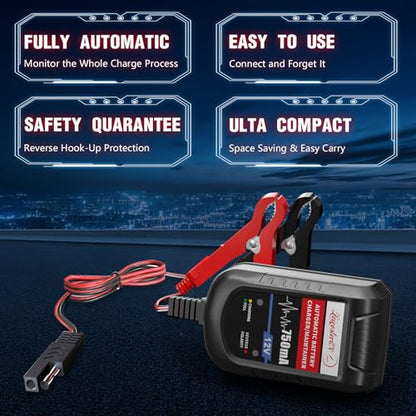 [4-Pack] 12V 750mA Trickle Charger for Car Battery, Automatic Smart Battery Maintainer & Float Charger for Motorcycle, Boat, Lawn Mower, Marine SLA AGM Gel Lead Acid Batteries