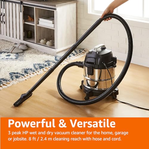 Amazon Basics Wet Dry Shop Vacuum Cleaner, 4 Gallon, 3 HP Stainless Steel, Grey/Black - size: 4 gallon Shop, 3 HP