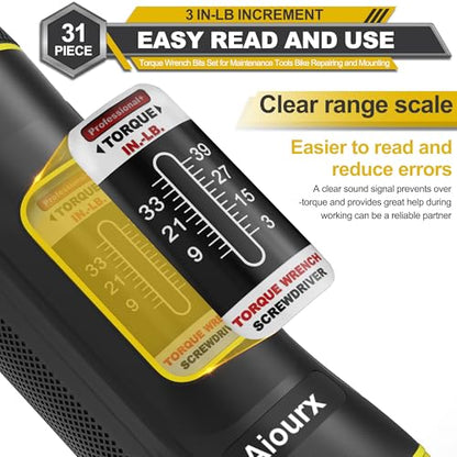 Torque Screwdriver Wrench Set, 3-39 Inch Pounds lbs, 31 Piece 1/4" Drive Torque Screwdriver Wrench with S2 Steel Bits for Bicycle Mechanics, Mechanical Equipment, and Mounting - size: 3-39 in.-lb. Standard