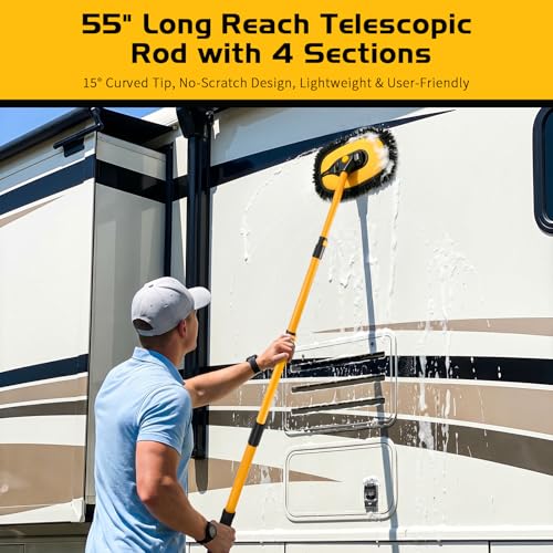 Ordenado 57" Car Wash Brush with Long Handle, 15°Curved Chenille Microfiber Car Wash kit with Extension Pole & Replacement Head, RV Car Cleaning Washer, Scratch-Free Mop for Truck, SUV, Boat - color: Black and Yellow-2