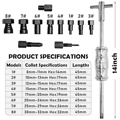 13Pcs Blind Hole Collet Bearing Puller Set, Slide Hammer Pilot Inner Bearing Removal Tool with 8-32mm Collets, Internal Bearing Extractor Puller Kit