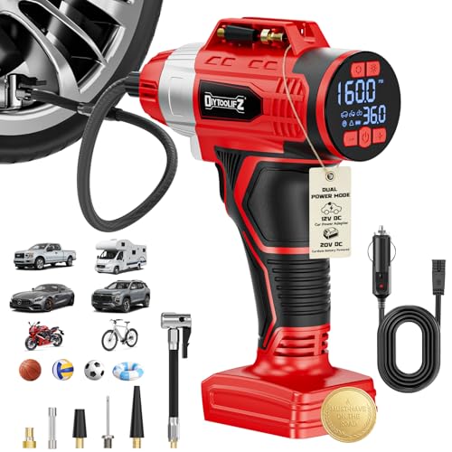 160PSI Cordless Tire Inflator Compatible with Milwaukee 18V Battery, DIYtoolifz DC 12V Portable Air Compressor with Digital Pressure Gauge, 2X Faster Air Pump for Car, SUVs, Motor, Ball (Tool Only) - color: Red
