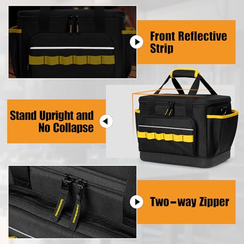 Rexmica Small Tool Bag, 12-Inch Tool Tote Bag with EVA Hard Bottom and Carrying Strap, Multi-functional Tool Storage Organizer for Electrician, Plumber, Mechanic, Automotive, Black-yellow