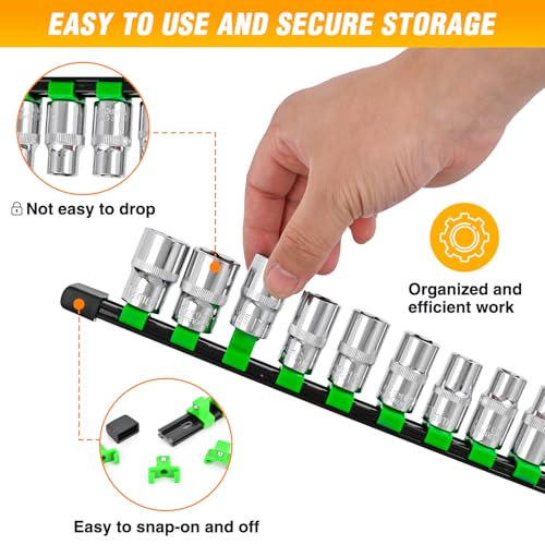 GOOACC Socket Organizer ABS Socket Holder Set 1/4" 3/8" 1/2" Drive Socket Rail Holders Stores up 129 Clips Impact Sockets Organizers Rails for Tool Box Drawer, 9 Piece Green - size: Clip Rail 9PC 1/4"3/8"1/2" Green