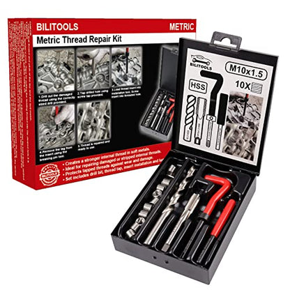 BILITOOLS M10x1.5 Thread Repair Kit, HSS Drill Helicoil Repair Kit Metric - size: M10 x 1.5, style: Metric