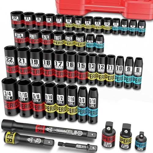 50 Piece 3/8" Drive Impact Socket Set, SAE (5/16"-3/4") and Metric (7 mm-19 mm), Deep & Shallow Sockets with Extension Bars, Adapters, Automotive Repair & Industrial Maintenance - size: 3/8" Metric & SAE