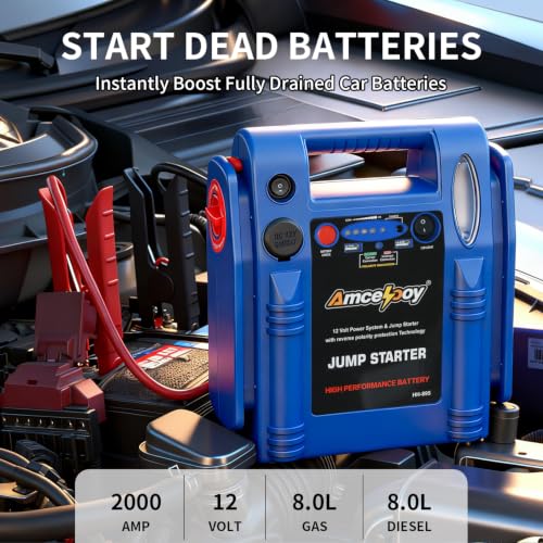 2000 Peak Amp Car Battery Jump Starter, 12V Booster for Up to 8.0L Gas & 8.0L Diesel Engines, Portable Jump Box with LED Light, USB & DC Ports