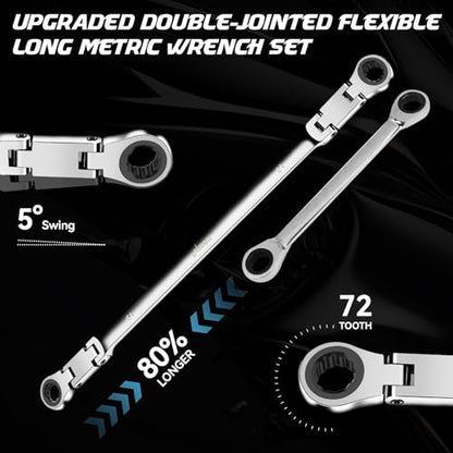 DISEN Double Jointed Extra Long Flex Head Ratchet Wrench Set, 6 PCS Metric 8-19mm Box End Ratcheting Wrench with a Magnetic Pickup Tool Kit, 72-Teeth, Cr-V Steel,12 Point Combination Wrench set - size: Silver Double Jointed SET