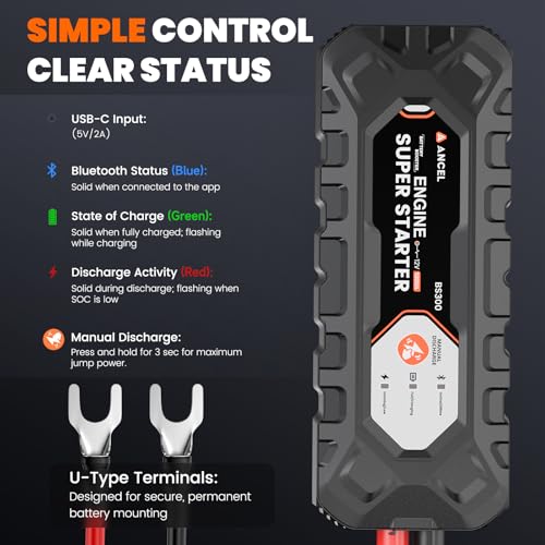 ANCEL BS300 Super Starter, Permanently Connected Jump Starter with Super Capacitor & Battery Protection System, Health Monitoring, 1000A Start Assist for Most 12V Vehicles, -40°F~176°F - color: Jet Black