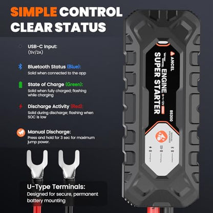 ANCEL BS300 Super Starter, Permanently Connected Jump Starter with Super Capacitor & Battery Protection System, Health Monitoring, 1000A Start Assist for Most 12V Vehicles, -40°F~176°F - color: Jet Black