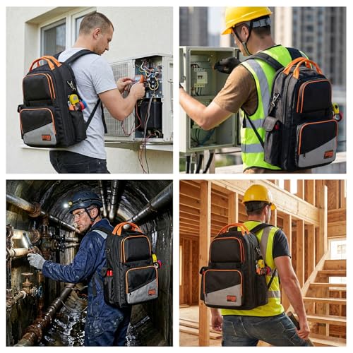 HISEA Tool Backpack, 18-Inch Heavy Duty Tool Bag Organizer with 37 Pockets | 1680D Oxford Waterproof Tools Storage Bag, with Laptop Compartment, for Electricain, Mechanic, Plumber, Tradesman