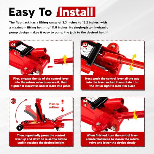 Floor Jack 2.5 Ton, 5500 lbs Capacity Low Profile Floor Jack with Single Piston Pump, Heavy Duty Steel Hydraulic Jack with Lifting Range 3.4'' to 15.2'' for Car, Sedans, Pickups, MPVs