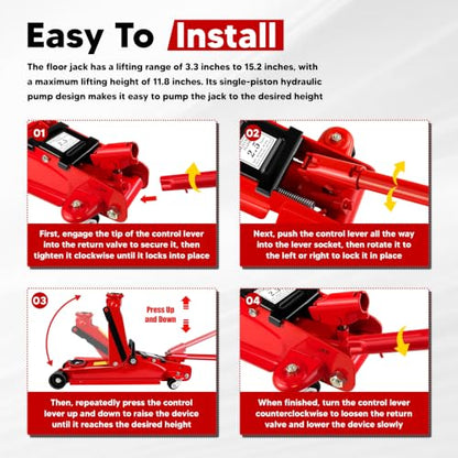 Floor Jack 2.5 Ton, 5500 lbs Capacity Low Profile Floor Jack with Single Piston Pump, Heavy Duty Steel Hydraulic Jack with Lifting Range 3.4'' to 15.2'' for Car, Sedans, Pickups, MPVs