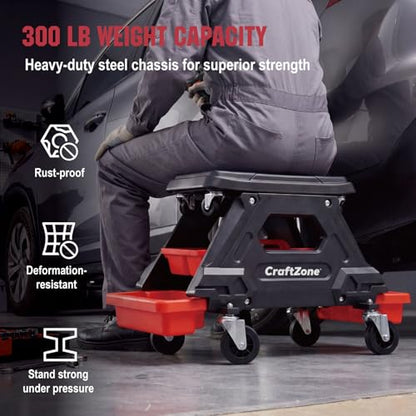 Mechanic Rolling Stool - 300 LBS Heavy Duty Mechanics Roller Seat with Wheels, 360° Swivel Capacity Garage Shop Stool with Locking Casters & Storage Trays, Tools for Automotive Auto Repair