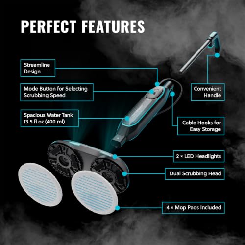 PurSteam ScrubMaster V2 Steam Mop with Dual Scrubbing Head and LED Lights | Dual Scrubbing Head | LED Headlights | Adjustable Steam Control | Anti-Slip Swivel Head | Cable Holder | Upright Lock - size: Steam Mop - ScrubMaster 2.0